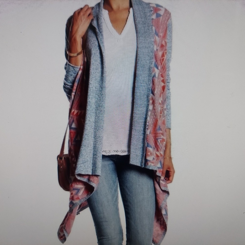 Lucky Brand Women Cardigan S Blue Southwestern Open Front Drape Neck Knit